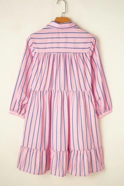 Fashion Dear-Lover Ruffled Hem Button-up Collared Shirt Mini Dress Pink Stripe
