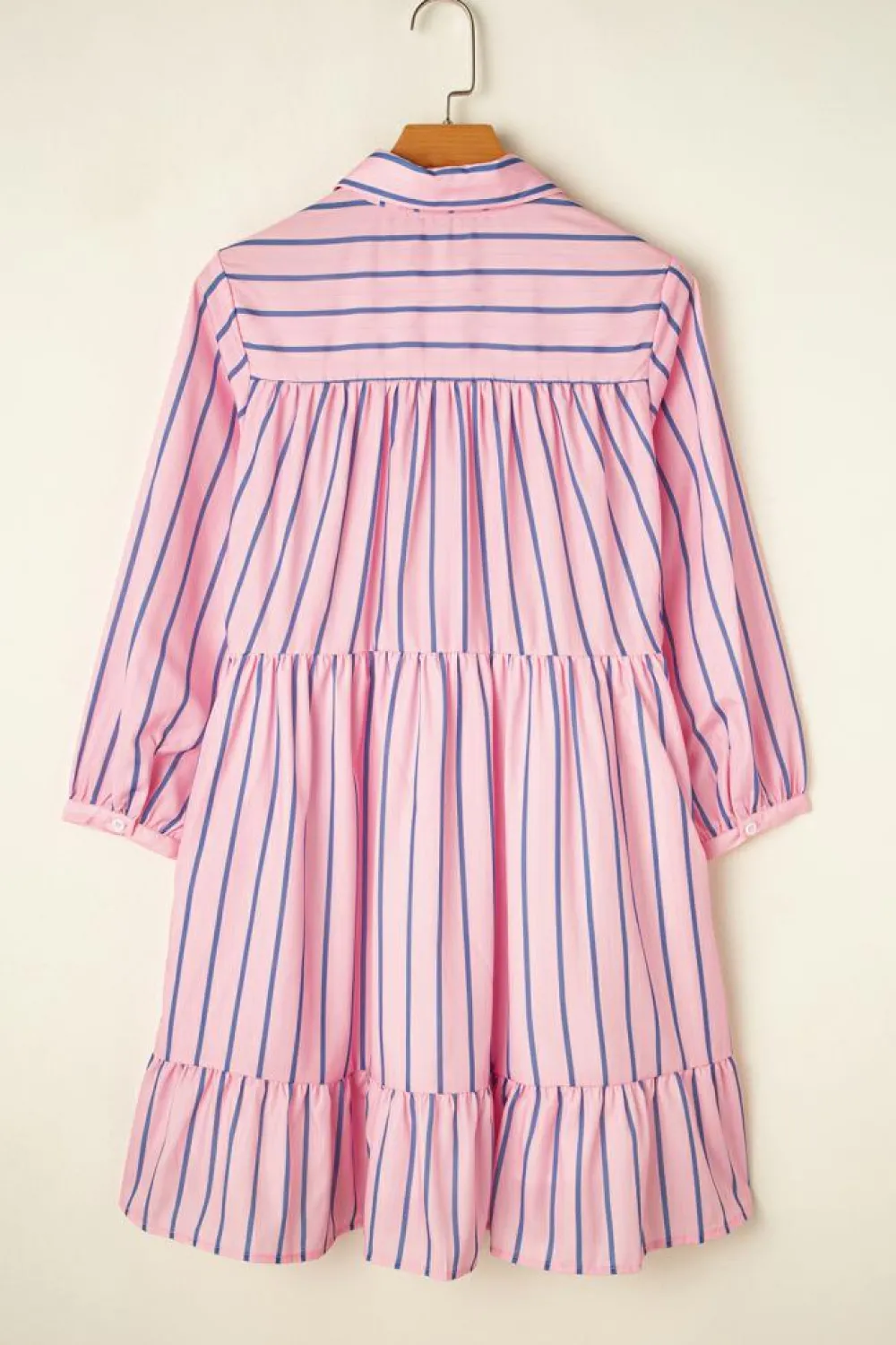Fashion Dear-Lover Ruffled Hem Button-up Collared Shirt Mini Dress Pink Stripe