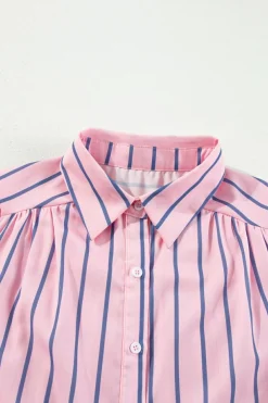 Fashion Dear-Lover Ruffled Hem Button-up Collared Shirt Mini Dress Pink Stripe