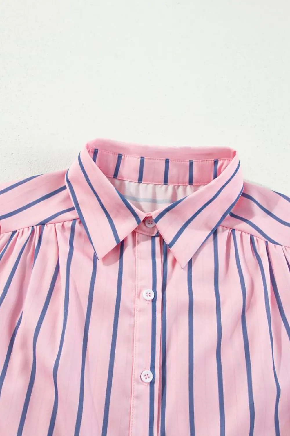 Fashion Dear-Lover Ruffled Hem Button-up Collared Shirt Mini Dress Pink Stripe