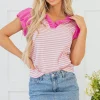 Clearance Dear-Lover Ruffled V Neck Cap Puff Sleeve Top Pink Stripe