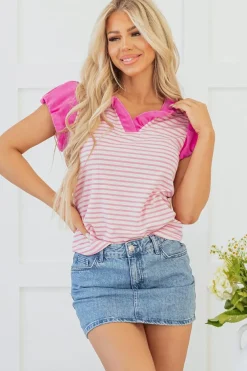 Clearance Dear-Lover Ruffled V Neck Cap Puff Sleeve Top Pink Stripe