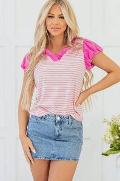 Clearance Dear-Lover Ruffled V Neck Cap Puff Sleeve Top Pink Stripe