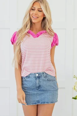Clearance Dear-Lover Ruffled V Neck Cap Puff Sleeve Top Pink Stripe