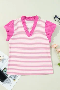 Clearance Dear-Lover Ruffled V Neck Cap Puff Sleeve Top Pink Stripe