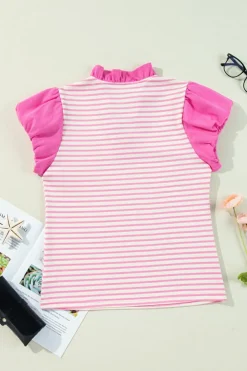 Clearance Dear-Lover Ruffled V Neck Cap Puff Sleeve Top Pink Stripe
