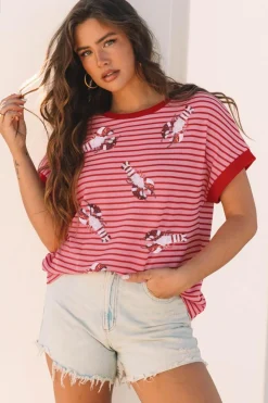 Online Dear-Lover Sequin Crawfish Crewneck T Shirt Pink Stripe