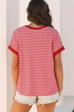 Online Dear-Lover Sequin Crawfish Crewneck T Shirt Pink Stripe