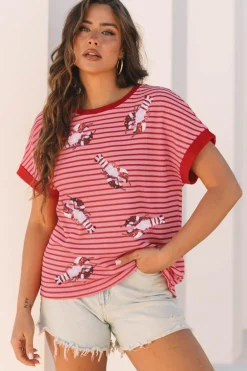 Online Dear-Lover Sequin Crawfish Crewneck T Shirt Pink Stripe