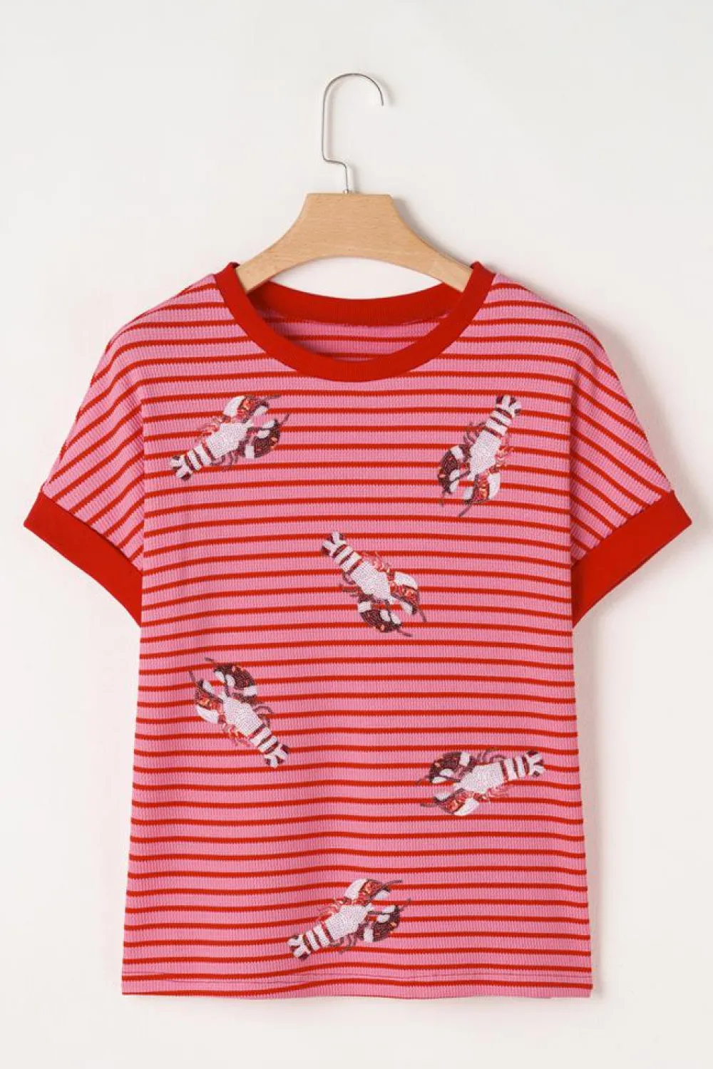 Online Dear-Lover Sequin Crawfish Crewneck T Shirt Pink Stripe