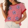 Sale Dear-Lover Sequined Star Independence Knitted Summer T Shirt Pink Stripe