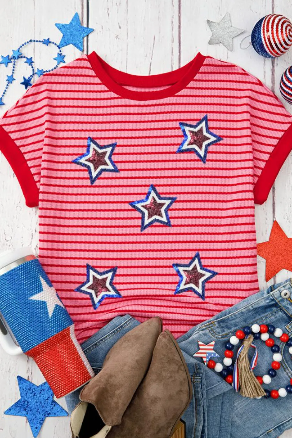 Sale Dear-Lover Sequined Star Independence Knitted Summer T Shirt Pink Stripe