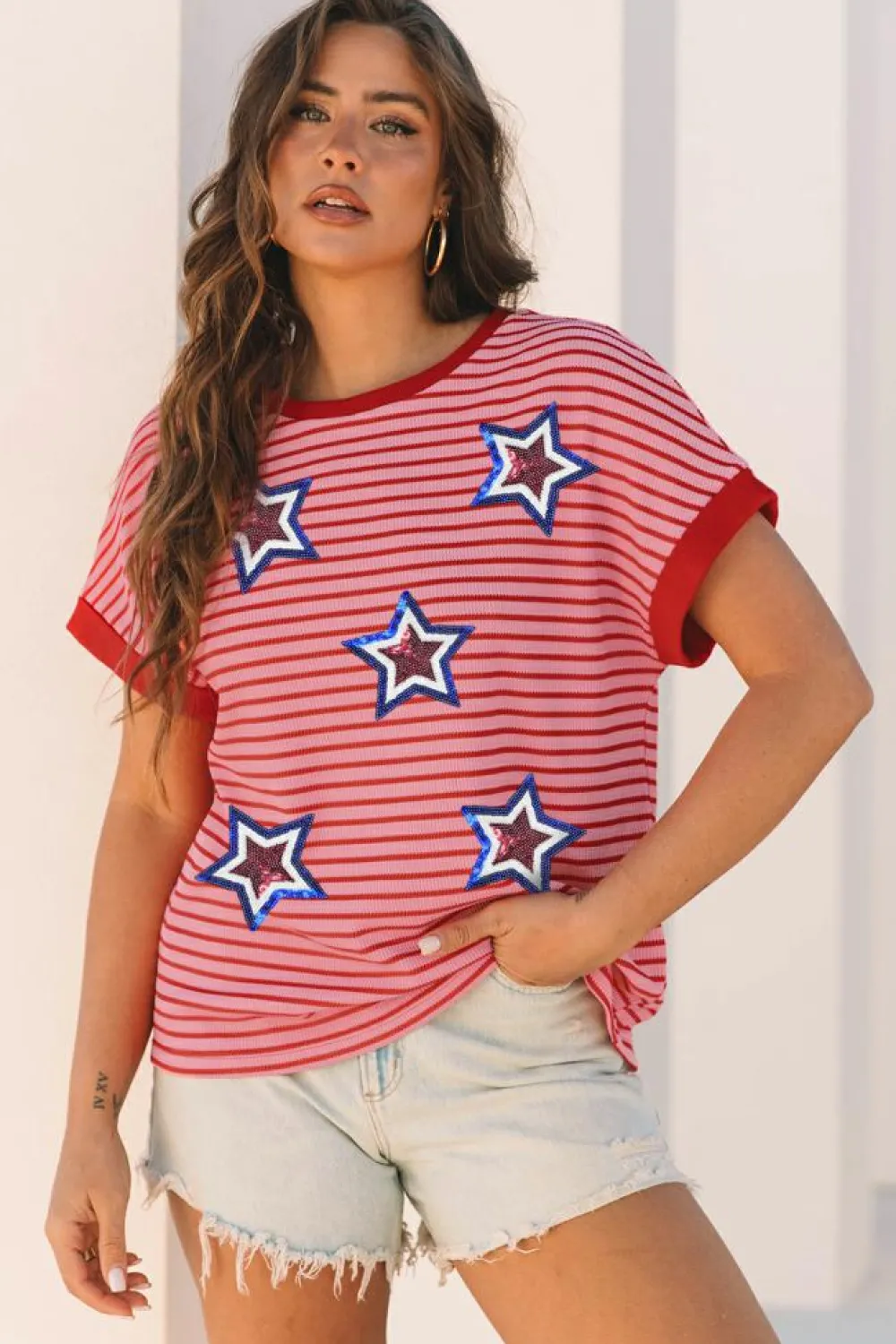 Sale Dear-Lover Sequined Star Independence Knitted Summer T Shirt Pink Stripe