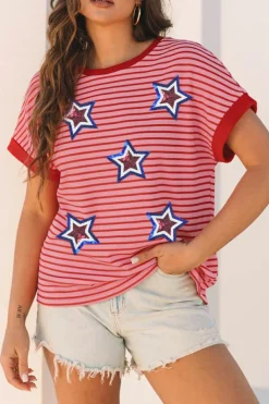 Sale Dear-Lover Sequined Star Independence Knitted Summer T Shirt Pink Stripe