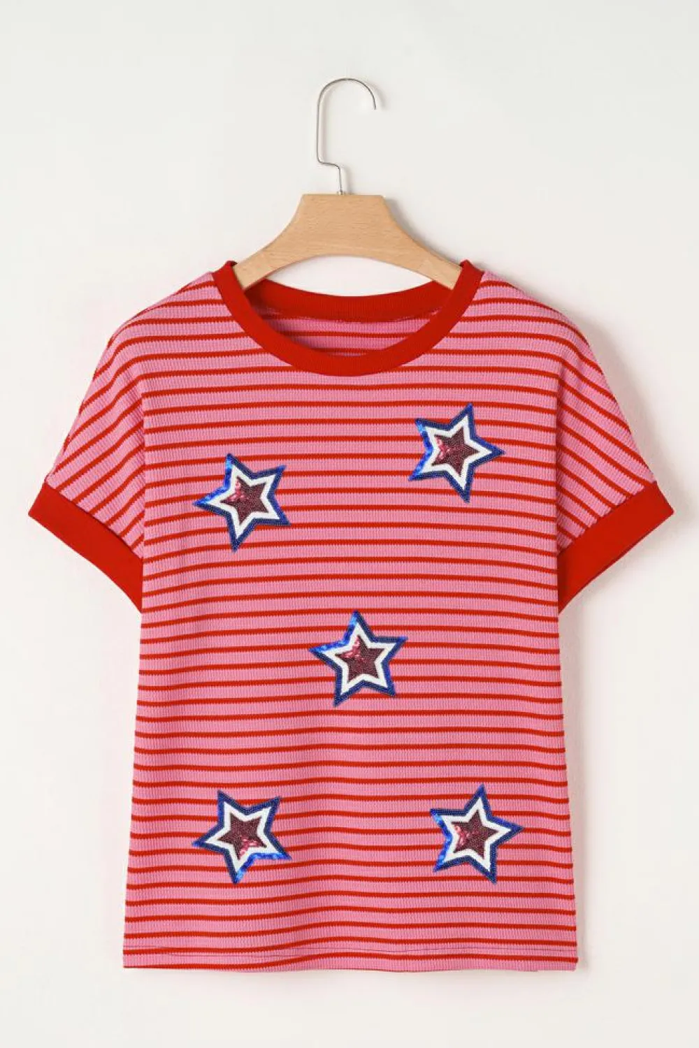Sale Dear-Lover Sequined Star Independence Knitted Summer T Shirt Pink Stripe