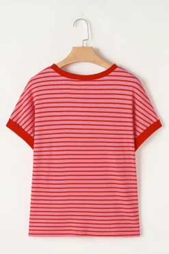 Sale Dear-Lover Sequined Star Independence Knitted Summer T Shirt Pink Stripe