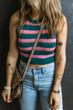 Hot Dear-Lover Sleeveless Knit Cropped Sweater Top Pink Stripe