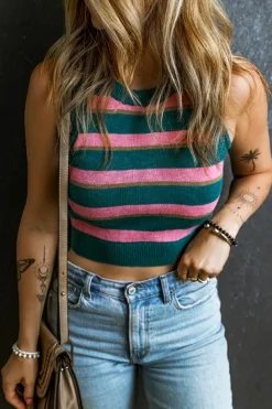Hot Dear-Lover Sleeveless Knit Cropped Sweater Top Pink Stripe