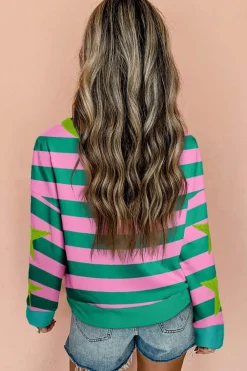 Clearance Dear-Lover Star Patchwork Round Neck Pullover Sweatshirt Pink Stripe