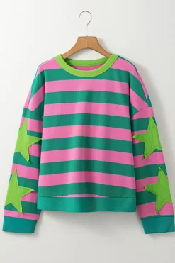 Clearance Dear-Lover Star Patchwork Round Neck Pullover Sweatshirt Pink Stripe