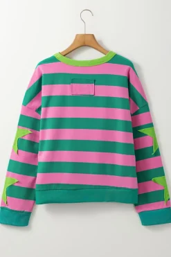 Clearance Dear-Lover Star Patchwork Round Neck Pullover Sweatshirt Pink Stripe