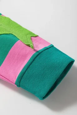 Clearance Dear-Lover Star Patchwork Round Neck Pullover Sweatshirt Pink Stripe
