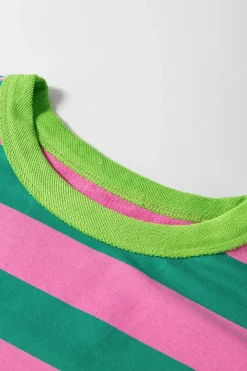 Clearance Dear-Lover Star Patchwork Round Neck Pullover Sweatshirt Pink Stripe
