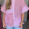 Best Dear-Lover Striped Patchwork Ruffled Hem Button up Shirt Pink Stripe