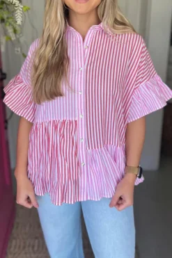 Best Dear-Lover Striped Patchwork Ruffled Hem Button up Shirt Pink Stripe