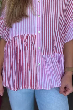 Best Dear-Lover Striped Patchwork Ruffled Hem Button up Shirt Pink Stripe