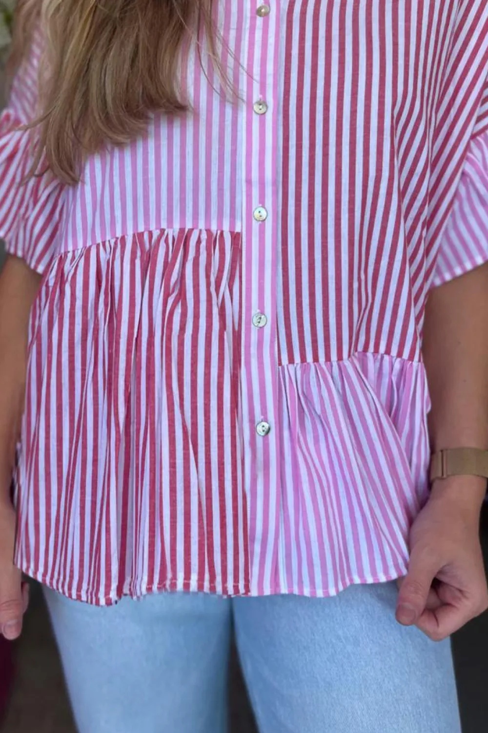 Best Dear-Lover Striped Patchwork Ruffled Hem Button up Shirt Pink Stripe