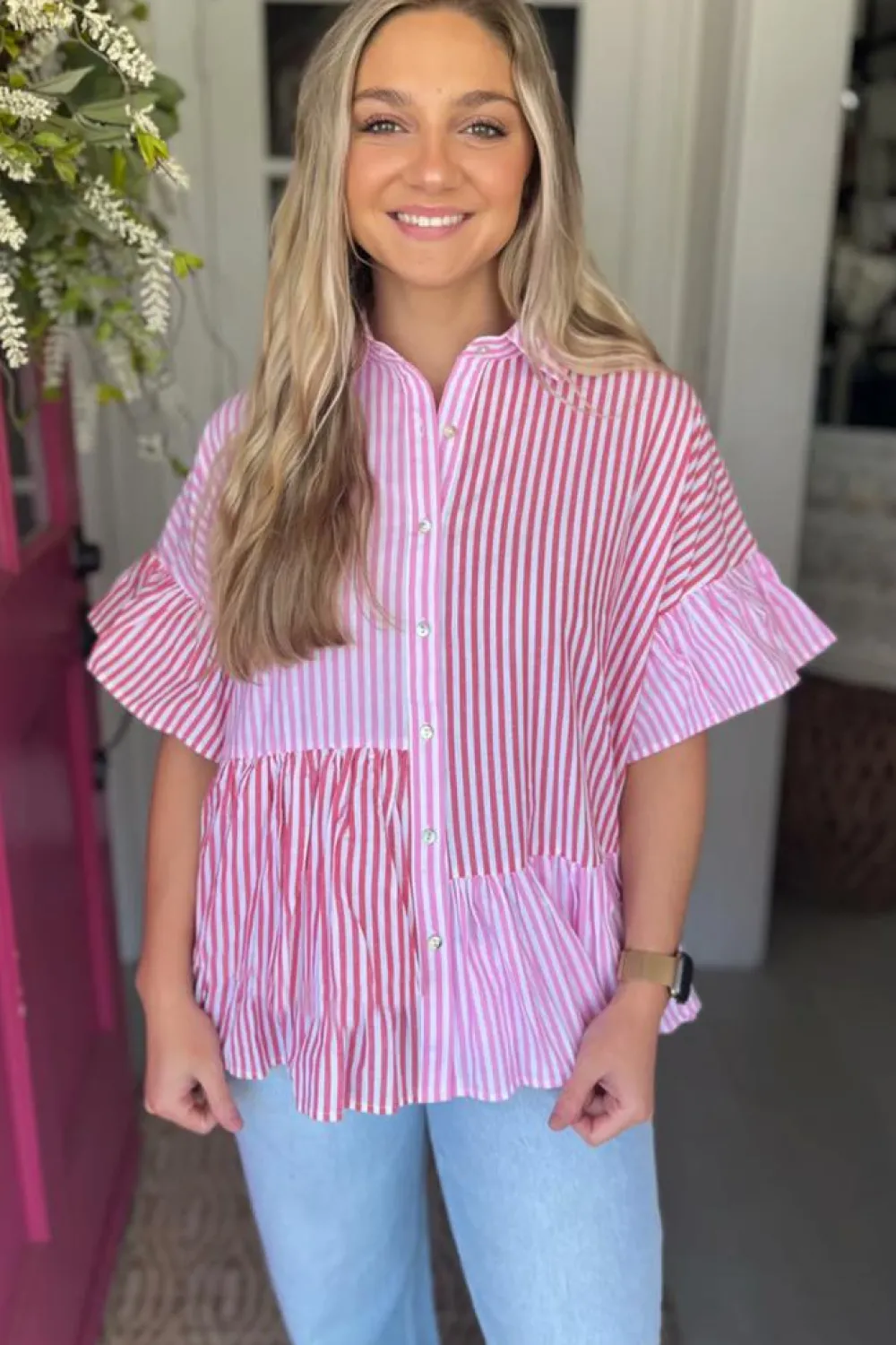 Best Dear-Lover Striped Patchwork Ruffled Hem Button up Shirt Pink Stripe