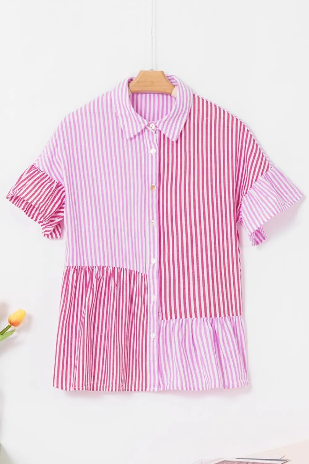 Best Dear-Lover Striped Patchwork Ruffled Hem Button up Shirt Pink Stripe