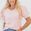 Sale Dear-Lover Textured Puff Sleeve Crewneck Top Pink Stripe