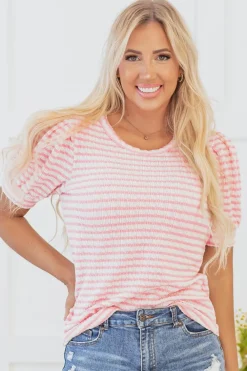 Sale Dear-Lover Textured Puff Sleeve Crewneck Top Pink Stripe