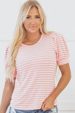 Sale Dear-Lover Textured Puff Sleeve Crewneck Top Pink Stripe