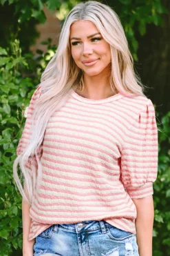 Sale Dear-Lover Textured Puff Sleeve Crewneck Top Pink Stripe