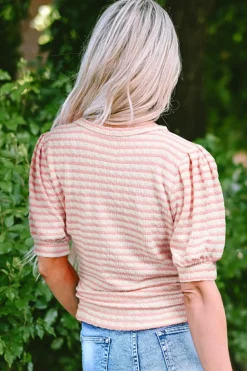 Sale Dear-Lover Textured Puff Sleeve Crewneck Top Pink Stripe