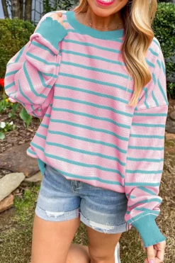 Best Dear-Lover Trimmed Round Neck Drop Shoulder Loose Sweater Pink Stripe