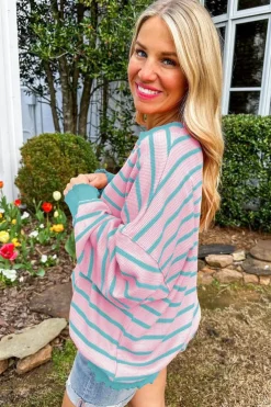 Best Dear-Lover Trimmed Round Neck Drop Shoulder Loose Sweater Pink Stripe