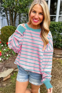 Best Dear-Lover Trimmed Round Neck Drop Shoulder Loose Sweater Pink Stripe