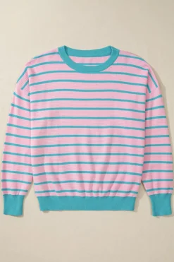 Best Dear-Lover Trimmed Round Neck Drop Shoulder Loose Sweater Pink Stripe