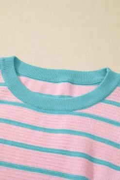 Best Dear-Lover Trimmed Round Neck Drop Shoulder Loose Sweater Pink Stripe