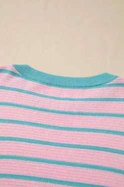 Best Dear-Lover Trimmed Round Neck Drop Shoulder Loose Sweater Pink Stripe