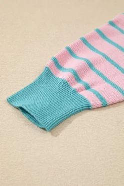 Best Dear-Lover Trimmed Round Neck Drop Shoulder Loose Sweater Pink Stripe