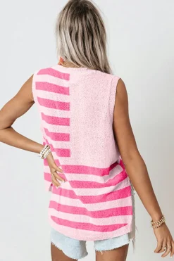 Outlet Dear-Lover USA Flag Notched Neckline Loose Sweater Vest Pink Stripe