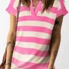 Best Dear-Lover V Neck Collared Cap Sleeve Top Pink Stripe