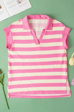 Best Dear-Lover V Neck Collared Cap Sleeve Top Pink Stripe