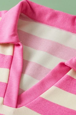 Best Dear-Lover V Neck Collared Cap Sleeve Top Pink Stripe