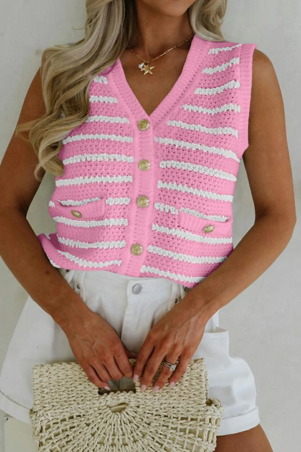 Outlet Dear-Lover V Neck Gold Buttons Elegant Sweater Vest Pink Stripe